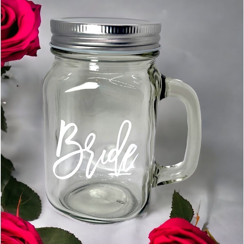 NWT Wool + Pepper Co. BRIDE Glass Mason Jar Cup with Handle